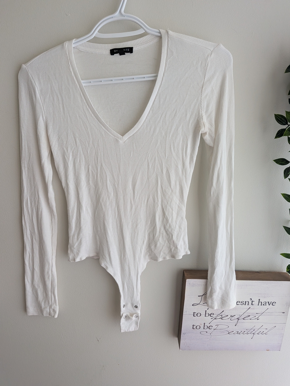 Dynamite Ribbed V-Neck Long Sleeve Bodysuit - White